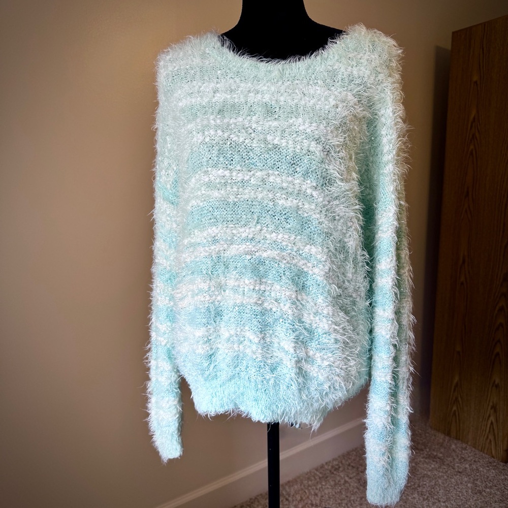 Apt. 9 Fuzzy Pullover Sweater, Mint/White, Size L